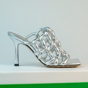 Bottega Veneta Silver Stretch Mule Heeled Sandals, Metallic Silver, EU 36 / US 6